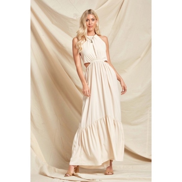 Bohemian Cream Solid Cut Out Waist Full Long Length Maxi Dress - Picture 2 of 3